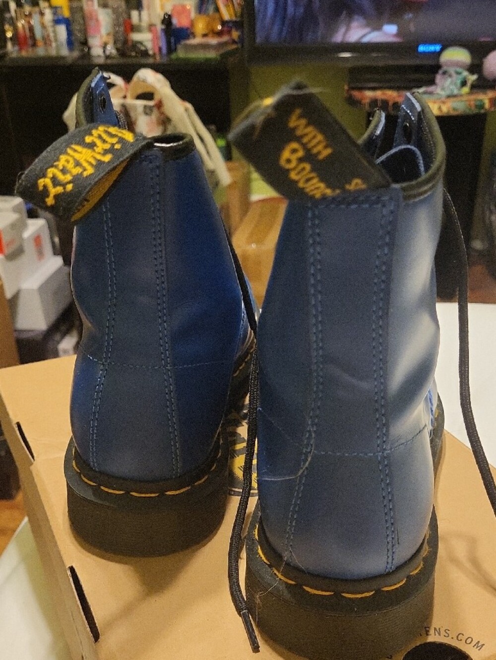 Dr. Martens Blue Leather Combat Boots with Yellow Stitching - Picture 3 of 7